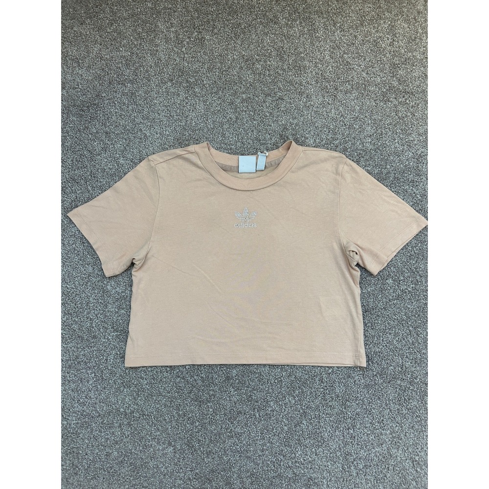 Adidas Crop Top Womens XS Tan Excellent Rhinestone Trefoil Logo Tee